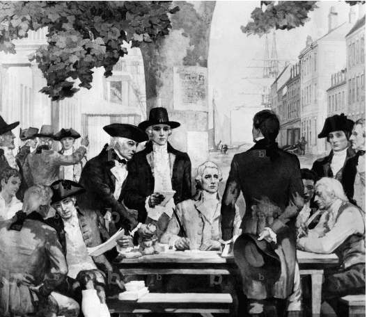 Historical depiction of brokers meeting under the buttonwood tree in 1792